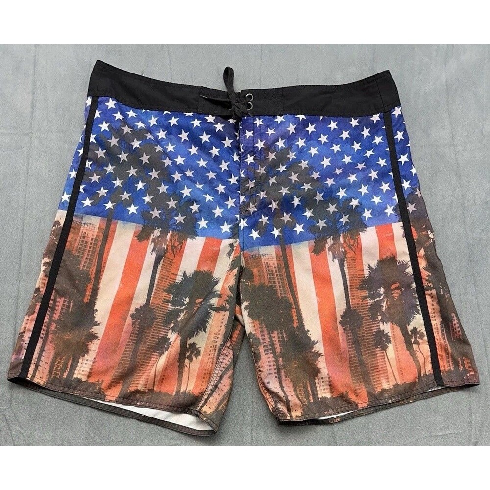 Joe Boxer Board Shorts Men's 40 Retro Tropical Stars Patriotic Unlined Blue Red